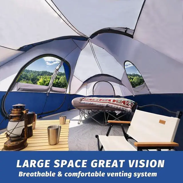 Alt view image 4 of 7 - Camping Tent 10-Person-Family Tents, Parties, Music Festival Tent, Big, Easy Up, 5 Large Mesh Windows, Double Layer, 2 Room, Waterproof, Weather Resistant, 18ft x 9ft x78in