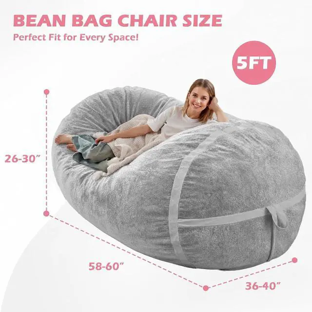 Alt view image 2 of 6 - 5FT Bean Bag Chair,Giant BeanBag Chairs with Memory Foam Filled, Ultra-Soft Velvet with Portable Handle & Removable Cover, Comfy Bean Bag Sofa for Living Room, No Assembly - Light Grey