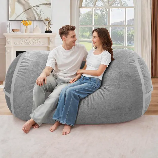 Alt view image 3 of 6 - 5FT Bean Bag Chair,Giant BeanBag Chairs with Memory Foam Filled, Ultra-Soft Velvet with Portable Handle & Removable Cover, Comfy Bean Bag Sofa for Living Room, No Assembly - Light Grey