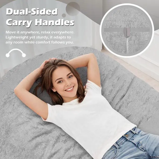 Alt view image 5 of 6 - 6FT Bean Bag Chair,Giant BeanBag Chairs with Memory Foam Filled, Ultra-Soft Velvet with Portable Handle & Removable Cover, Comfy Bean Bag Sofa for Living Room, No Assembly - Light Grey