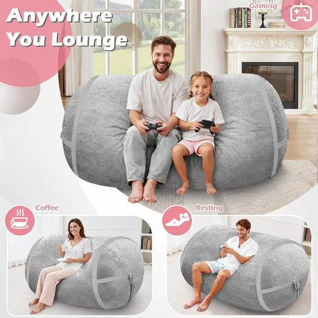 Alt view image 4 of 6 - 5FT Bean Bag Chair,Giant BeanBag Chairs with Memory Foam Filled, Ultra-Soft Velvet with Portable Handle & Removable Cover, Comfy Bean Bag Sofa for Living Room, No Assembly - Light Grey