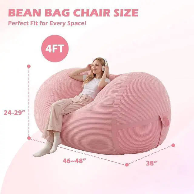 Alt view image 2 of 6 - Bean Bag Chair, 4FT Large Bean Bag Chair with Memory Foam, Ultra-Soft Corduroy Cover & Zipper Design, Portable Handle Comfy Bean Bag Sofa for Living Room, Bedroom, No Assembly - Pink