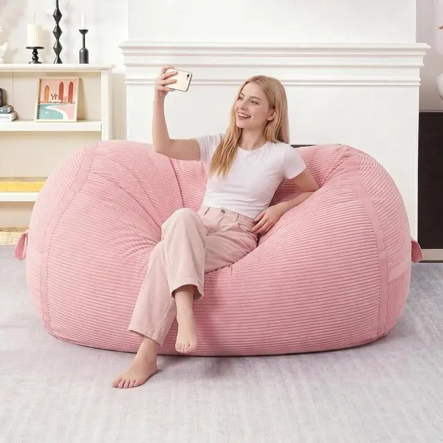 Alt view image 3 of 6 - Bean Bag Chair, 4FT Large Bean Bag Chair with Memory Foam, Ultra-Soft Corduroy Cover & Zipper Design, Portable Handle Comfy Bean Bag Sofa for Living Room, Bedroom, No Assembly - Pink