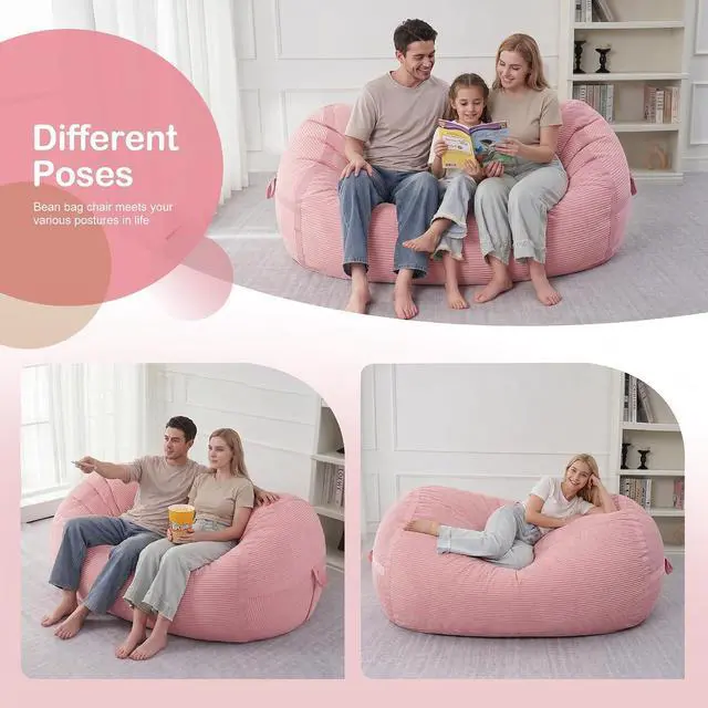 Alt view image 5 of 6 - Bean Bag Chair, 4FT Large Bean Bag Chair with Memory Foam, Ultra-Soft Corduroy Cover & Zipper Design, Portable Handle Comfy Bean Bag Sofa for Living Room, Bedroom, No Assembly - Pink