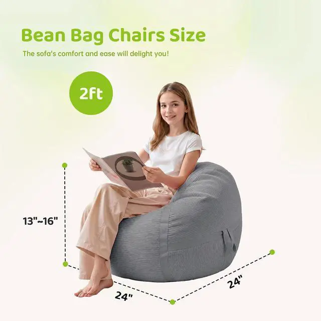 Alt view image 2 of 7 - Bean Bag Chair, 2FT Bean Bag Chairs with Memory Foam Filling, Small Beanbag Chairs with Portable Handle, Comfy Bean Bag Sofa for Living Room Bedroom Reading Room, Light Grey