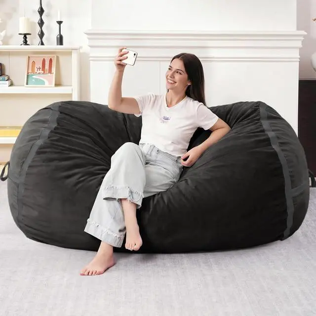 Alt view image 3 of 6 - 5ft Bean Bag Chair Giant Bean Bag Chairs for Adults with Memory Foam Filled, Large Beanbag Chair with Removable Dutch Velvet Cover for Living Room, Bedroom, Dorm, Black