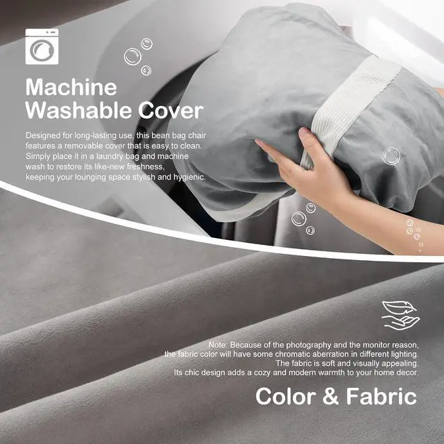 Alt view image 6 of 6 - 6ft Bean Bag Chair Giant Bean Bag Chairs for Adults with Memory Foam Filled, Large Beanbag Chair with Removable Dutch Velvet Cover for Living Room, Bedroom, Dorm, Light Grey