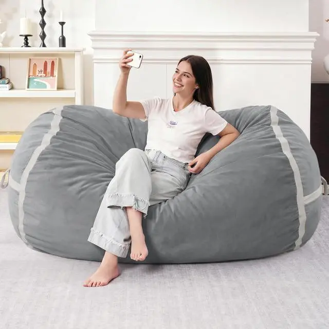 Alt view image 3 of 6 - 5ft Bean Bag Chair Giant Bean Bag Chairs for Adults with Memory Foam Filled, Large Beanbag Chair with Removable Dutch Velvet Cover for Living Room, Bedroom, Dorm, Light Grey