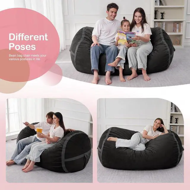 Alt view image 5 of 6 - 5ft Bean Bag Chair Giant Bean Bag Chairs for Adults with Memory Foam Filled, Large Beanbag Chair with Removable Dutch Velvet Cover for Living Room, Bedroom, Dorm, Black