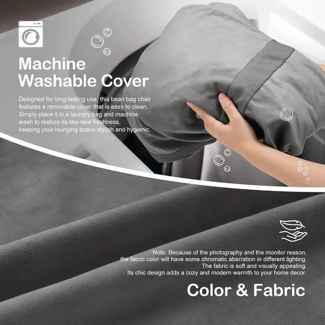 Alt view image 6 of 6 - 6ft Bean Bag Chair Giant Bean Bag Chairs for Adults with Memory Foam Filled, Large Beanbag Chair with Removable Dutch Velvet Cover for Living Room, Bedroom, Dorm, Dark Grey