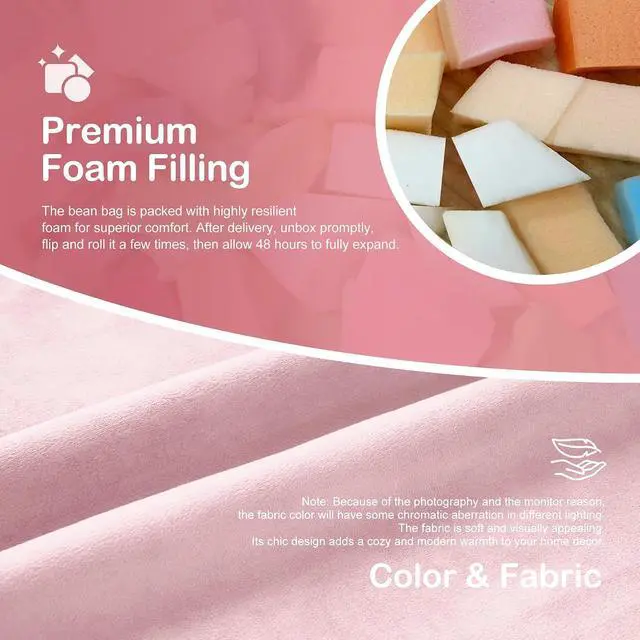 Alt view image 6 of 6 - 4ft Bean Bag Chair Giant Bean Bag Chairs for Adults with Memory Foam Filled, Large Beanbag Chair with Removable Dutch Velvet Cover for Living Room, Bedroom, Dorm, Pink