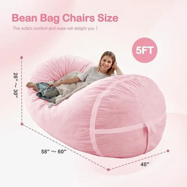 Alt view image 2 of 6 - 5ft Bean Bag Chair Giant Bean Bag Chairs for Adults with Memory Foam Filled, Large Beanbag Chair with Removable Dutch Velvet Cover for Living Room, Bedroom, Dorm, Pink
