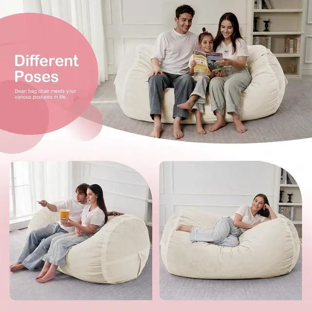 Alt view image 5 of 6 - 5ft Bean Bag Chair Giant Bean Bag Chairs for Adults with Memory Foam Filled, Large Beanbag Chair with Removable Dutch Velvet Cover for Living Room, Bedroom, Dorm, White
