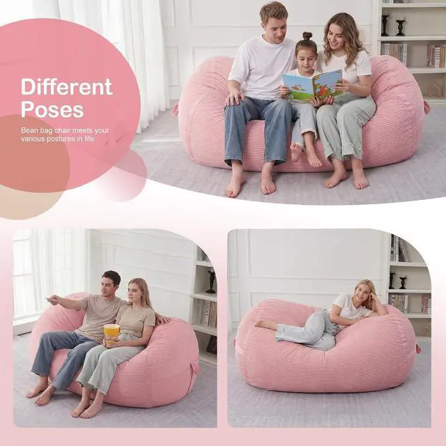 Alt view image 5 of 6 - Bean Bag Chair, 5FT Giant Bean Bag Chair with Memory Foam, Ultra-Soft Corduroy Cover & Zipper Design, Portable Handle Comfy Bean Bag Sofa for Living Room, Bedroom, No Assembly - Pink