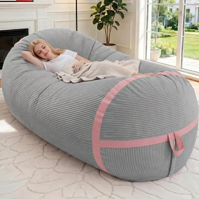 Main image of Bean Bag Chair, 6FT Giant Bean Bag Chair with Memory Foam, Ultra-Soft Corduroy Cover & Zipper Design, Portable Handle Comfy Bean Bag Sofa for Living Room, No Assembly - Light Grey & Pink
