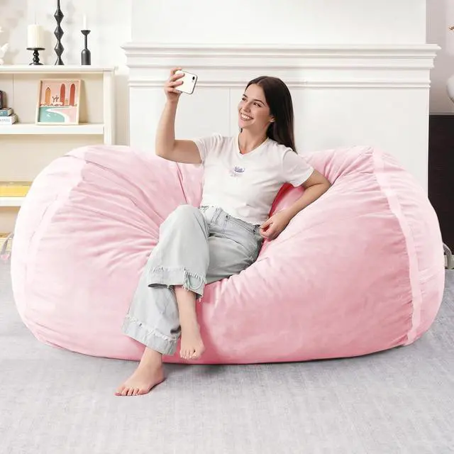 Alt view image 3 of 6 - 5ft Bean Bag Chair Giant Bean Bag Chairs for Adults with Memory Foam Filled, Large Beanbag Chair with Removable Dutch Velvet Cover for Living Room, Bedroom, Dorm, Pink