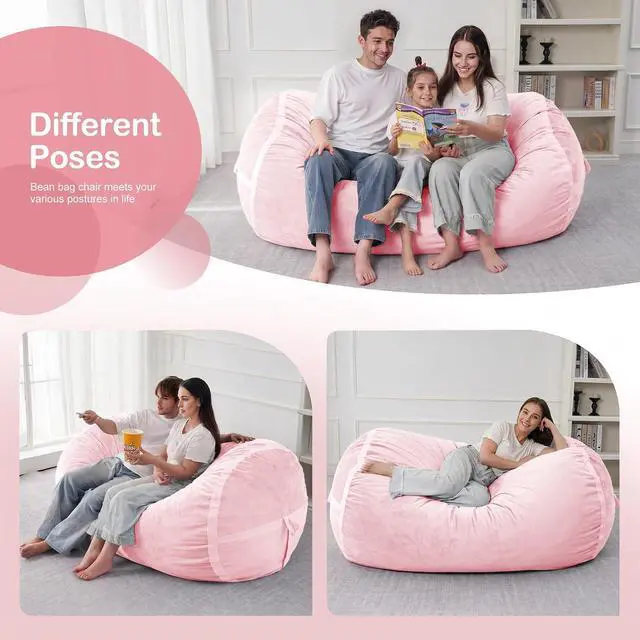 Alt view image 5 of 6 - 5ft Bean Bag Chair Giant Bean Bag Chairs for Adults with Memory Foam Filled, Large Beanbag Chair with Removable Dutch Velvet Cover for Living Room, Bedroom, Dorm, Pink