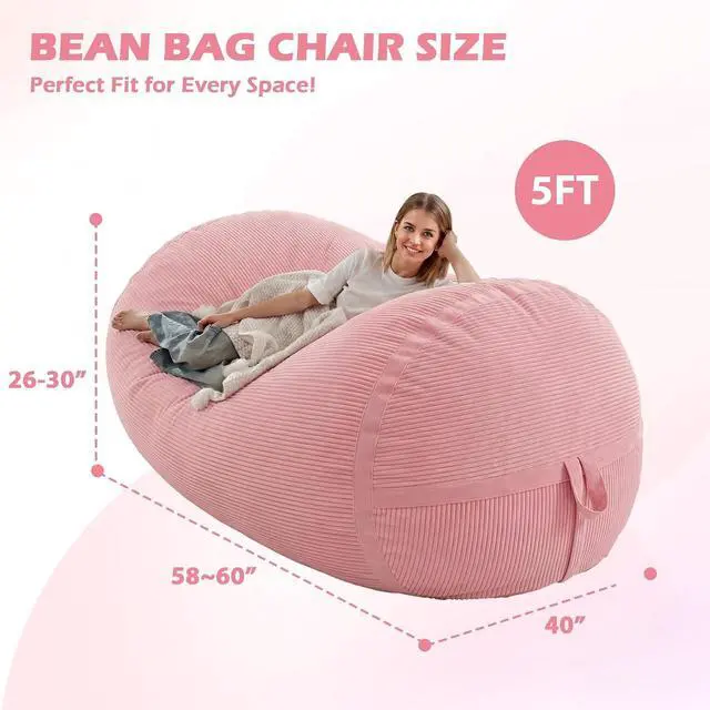 Alt view image 2 of 6 - Bean Bag Chair, 5FT Giant Bean Bag Chair with Memory Foam, Ultra-Soft Corduroy Cover & Zipper Design, Portable Handle Comfy Bean Bag Sofa for Living Room, Bedroom, No Assembly - Pink