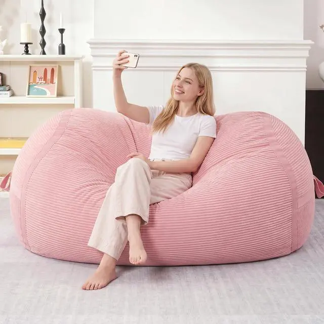 Alt view image 3 of 6 - Bean Bag Chair, 5FT Giant Bean Bag Chair with Memory Foam, Ultra-Soft Corduroy Cover & Zipper Design, Portable Handle Comfy Bean Bag Sofa for Living Room, Bedroom, No Assembly - Pink