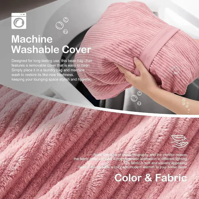 Alt view image 6 of 6 - Bean Bag Chair, 4FT Large Bean Bag Chair with Memory Foam, Ultra-Soft Corduroy Cover & Zipper Design, Portable Handle Comfy Bean Bag Sofa for Living Room, Bedroom, No Assembly - Pink