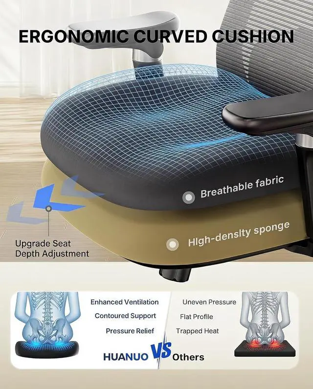 Alt view image 4 of 7 - FlowLift Ergonomic Office Chair with 6D Armrest, Seat Depth Adjustment, Lumbar Support, Quiet Rubber Caster, High Back Mesh Desk Chair with 3D Headrest, Big and Tall Chair for Home Office
