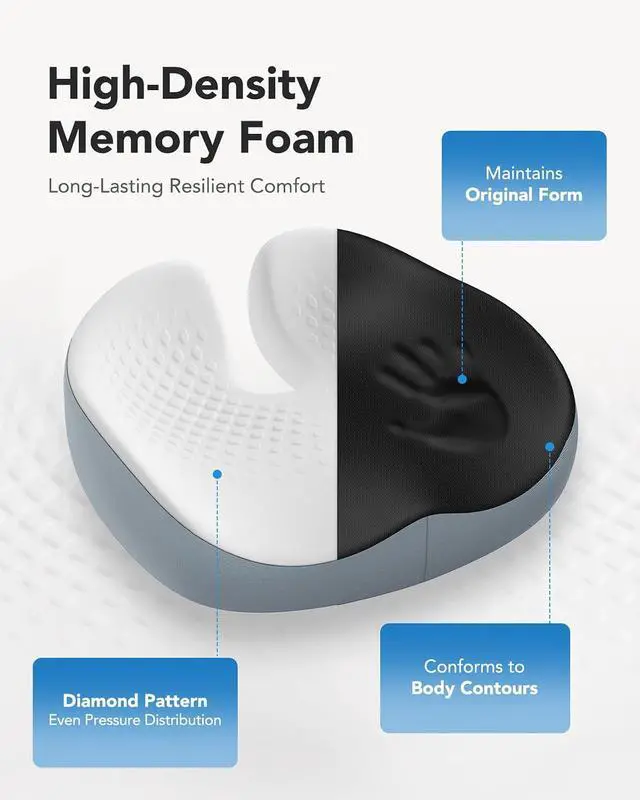 Alt view image 4 of 7 - Seat Cushion for Office Chair, Extra Large Memory Foam Cushion for Office Chair,Car & Wheelchair - Sciatica & Tailbone Pain Relief for Long Sitting, Ergonomic Design with Anti-Slip Bottom