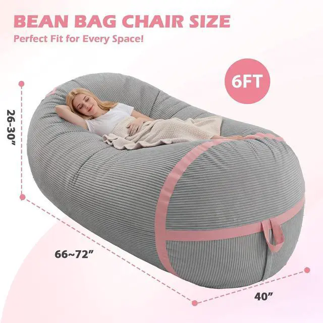 Alt view image 2 of 6 - Bean Bag Chair, 6FT Giant Bean Bag Chair with Memory Foam, Ultra-Soft Corduroy Cover & Zipper Design, Portable Handle Comfy Bean Bag Sofa for Living Room, No Assembly - Light Grey & Pink
