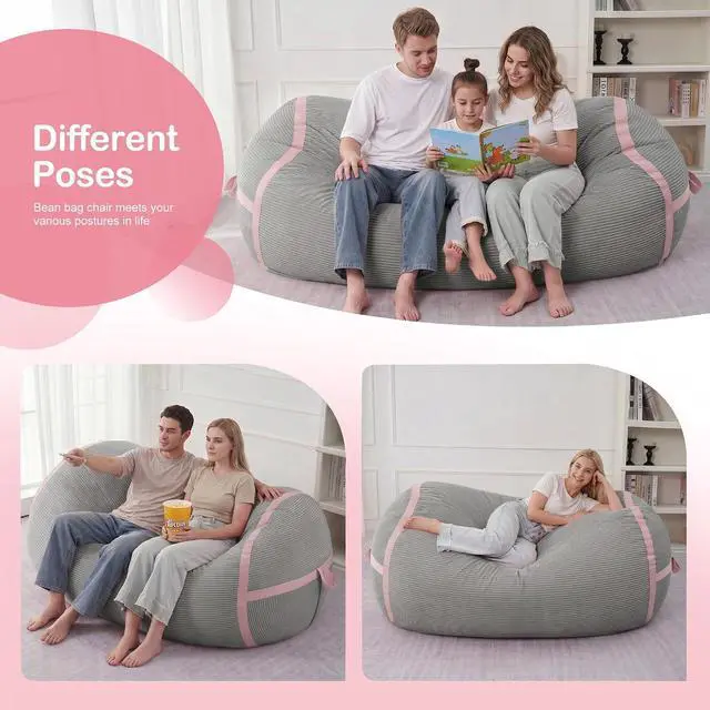Alt view image 4 of 6 - Bean Bag Chair, 6FT Giant Bean Bag Chair with Memory Foam, Ultra-Soft Corduroy Cover & Zipper Design, Portable Handle Comfy Bean Bag Sofa for Living Room, No Assembly - Light Grey & Pink