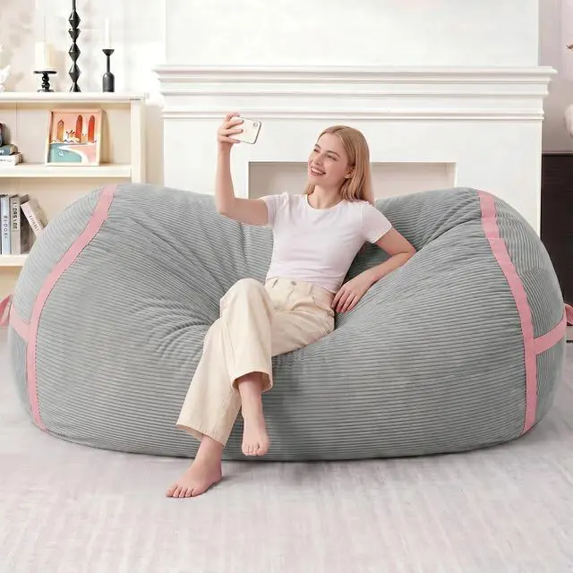 Alt view image 3 of 6 - Bean Bag Chair, 6FT Giant Bean Bag Chair with Memory Foam, Ultra-Soft Corduroy Cover & Zipper Design, Portable Handle Comfy Bean Bag Sofa for Living Room, No Assembly - Light Grey & Pink