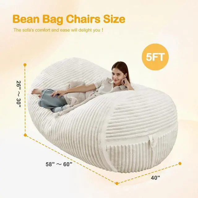 Alt view image 2 of 6 - Bean Bag Chair 5FT Giant Bean Bag Chairs for Adults with Memory Foam Filled,5'Beanbag Chair with Soft Faux Fur Cover,Comfy Bean Bag Sofa Lounger for Living Room,Game Room,Bedroom-White