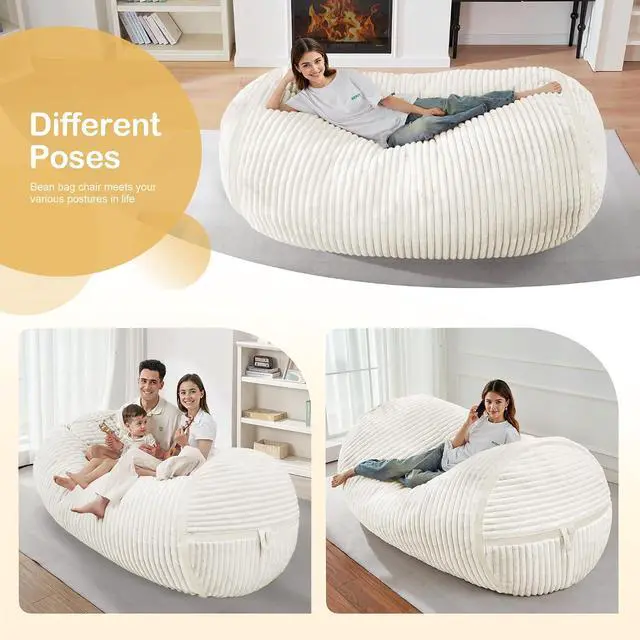 Alt view image 4 of 6 - Bean Bag Chair 5FT Giant Bean Bag Chairs for Adults with Memory Foam Filled,5'Beanbag Chair with Soft Faux Fur Cover,Comfy Bean Bag Sofa Lounger for Living Room,Game Room,Bedroom-White