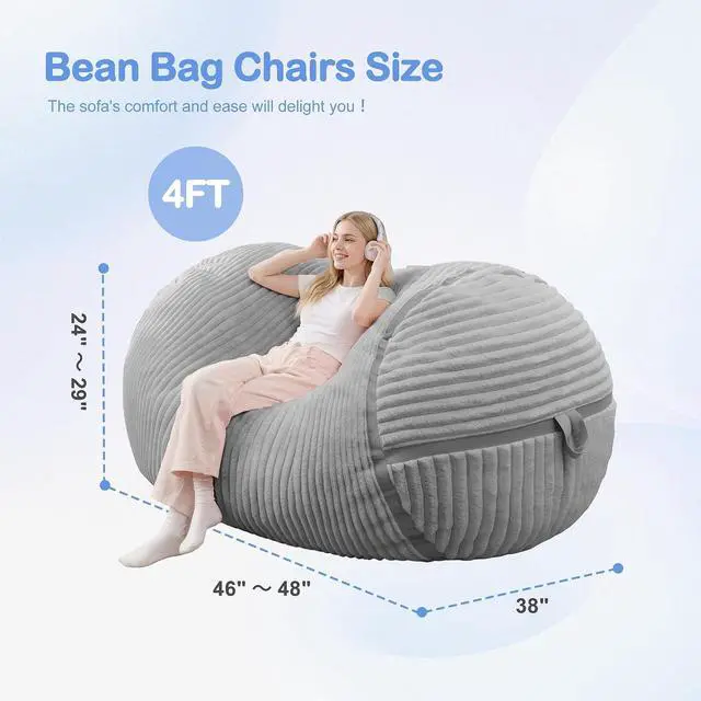 Alt view image 2 of 6 - Bean Bag Chair 4FT Large Bean Bag Chairs for Adults with Memory Foam Filled,4'Beanbag Chair with Soft Faux Fur Cover,Comfy Bean Bag Sofa for Classroom,Living Room,Game Room,Bedroom-LIGHT GREY