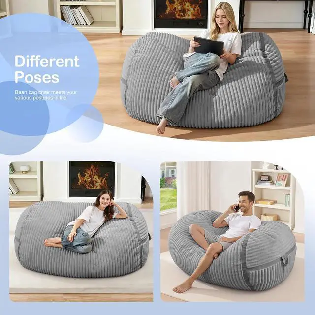 Alt view image 4 of 6 - Bean Bag Chair 4FT Large Bean Bag Chairs for Adults with Memory Foam Filled,4'Beanbag Chair with Soft Faux Fur Cover,Comfy Bean Bag Sofa for Classroom,Living Room,Game Room,Bedroom-LIGHT GREY