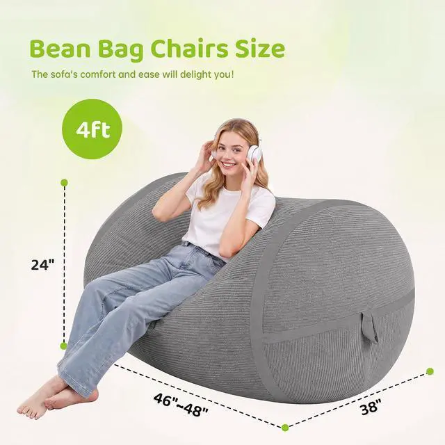 Alt view image 2 of 6 - Bean Bag Chair, 4FT Large Bean Bag Chair with Removable Cover, Comfy Beanbag Chair with Memory Foam Filling, Bean Bag Sofa for Living Room Bedroom Reading Room, Light Grey