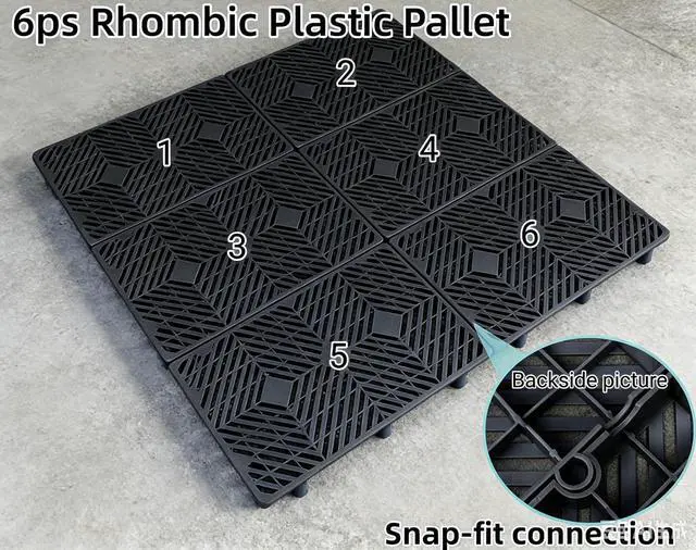 Alt view image 2 of 6 - 6 Pcs Heavy Duty Plastic Floor Pallets, 23.6x11.8x1.18 Inch Lightweight Ventilated Storage Pallet, Waterproof Breathable Grid Storage Pad- Plastic Pallets for Garage, Kitchen, Basement (Black)
