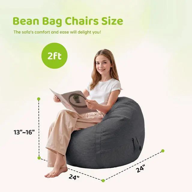 Alt view image 2 of 7 - Bean Bag Chair, 2FT Bean Bag Chairs with Memory Foam Filling, Small Beanbag Chairs with Portable Handle, Comfy Bean Bag Sofa for Living Room Bedroom Reading Room, Dark Grey