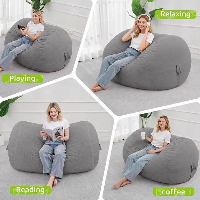 Alt view image 4 of 6 - Bean Bag Chair, 4FT Large Bean Bag Chair with Removable Cover, Comfy Beanbag Chair with Memory Foam Filling, Bean Bag Sofa for Living Room Bedroom Reading Room, Light Grey