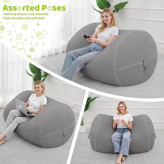 Alt view image 5 of 6 - Bean Bag Chair, 4FT Large Bean Bag Chair with Removable Cover, Comfy Beanbag Chair with Memory Foam Filling, Bean Bag Sofa for Living Room Bedroom Reading Room, Light Grey