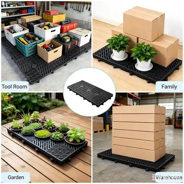 Alt view image 4 of 6 - 6 Pcs Heavy Duty Plastic Floor Pallets, 23.6x11.8x1.18 Inch Lightweight Ventilated Storage Pallet, Waterproof Breathable Grid Storage Pad- Plastic Pallets for Garage, Kitchen, Basement (Black)
