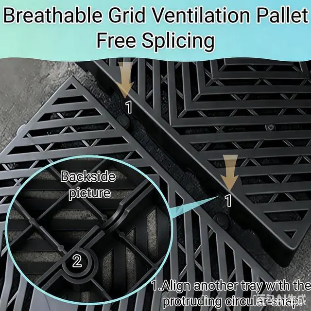 Alt view image 5 of 6 - 6 Pcs Heavy Duty Plastic Floor Pallets, 23.6x11.8x1.18 Inch Lightweight Ventilated Storage Pallet, Waterproof Breathable Grid Storage Pad- Plastic Pallets for Garage, Kitchen, Basement (Black)