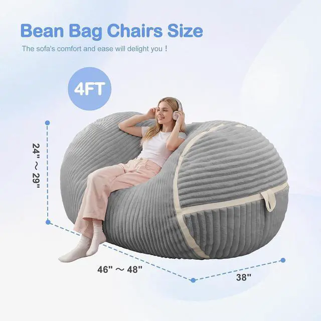 Alt view image 2 of 6 - Bean Bag Chair 4FT Large Bean Bag Chairs for Adults with Memory Foam Filled,4'Beanbag Chair with Soft Faux Fur Cover,Comfy Bean Bag Sofa for Classroom,Living Room,Bedroom-Light Grey&White