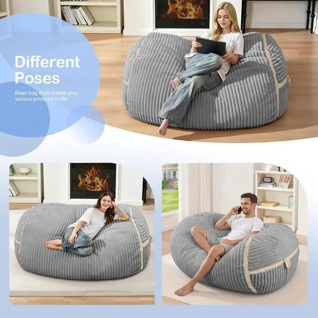 Alt view image 4 of 6 - Bean Bag Chair 4FT Large Bean Bag Chairs for Adults with Memory Foam Filled,4'Beanbag Chair with Soft Faux Fur Cover,Comfy Bean Bag Sofa for Classroom,Living Room,Bedroom-Light Grey&White