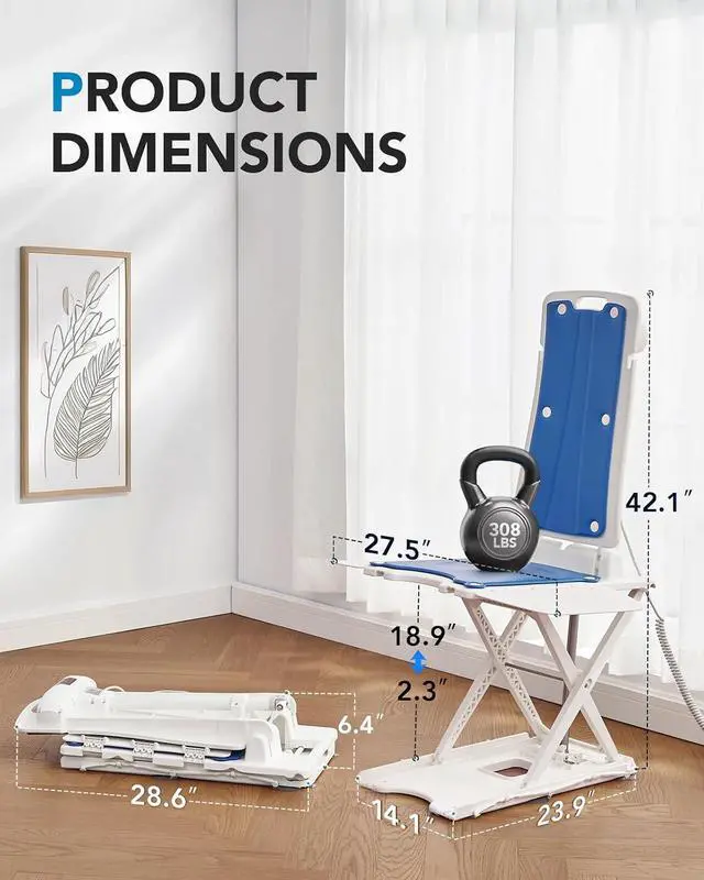 Alt view image 2 of 7 - 2-in-1 Electric Chair Lift for Elderly Floor Lift & IP68 Waterproof Bath Lift for Tub, Foldable, 308 lbs Capacity, Remote Control, Height Adjustable 2.3"-18.9", for Fall Recovery & Home Care