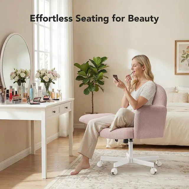 Alt view image 3 of 7 - Criss Cross Office Chair for Girls, Cross Legged Desk Chair with Adjustable Armrests, Soft Corduroy Fabric for Small Spaces, Home Office Computer Chair for Petite Women, Pink
