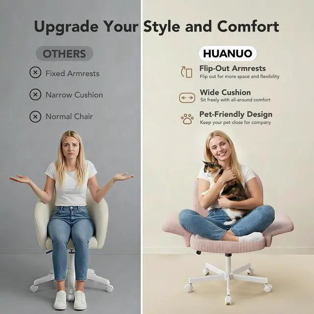 Alt view image 6 of 7 - Criss Cross Office Chair for Girls, Cross Legged Desk Chair with Adjustable Armrests, Soft Corduroy Fabric for Small Spaces, Home Office Computer Chair for Petite Women, Pink