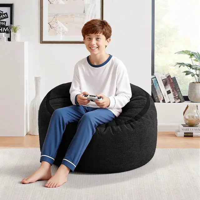 Alt view image 3 of 7 - 2FT Bean Bag Chair, Small BeanBag Chairs with Memory Foam Filled, Ultra-Soft Velvet Bean Bag Chair with Portable Handle, Comfy Bean Bag Sofa for Living Room, No Assembly - Black