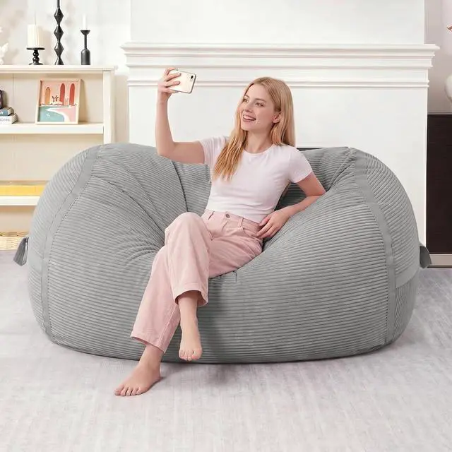 Alt view image 2 of 5 - Bean Bag Chair, 4FT Large Bean Bag Chair with Memory Foam, Ultra-Soft Corduroy Cover & Zipper Design, Portable Handle Comfy Bean Bag Sofa for Living Room, Bedroom, No Assembly - Light Grey