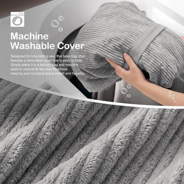 Alt view image 6 of 6 - Bean Bag Chair, 6FT Giant Bean Bag Chair with Memory Foam, Ultra-Soft Corduroy Cover & Zipper Design, Portable Handle Comfy Bean Bag Sofa for Living Room, Bedroom, No Assembly - Light Grey