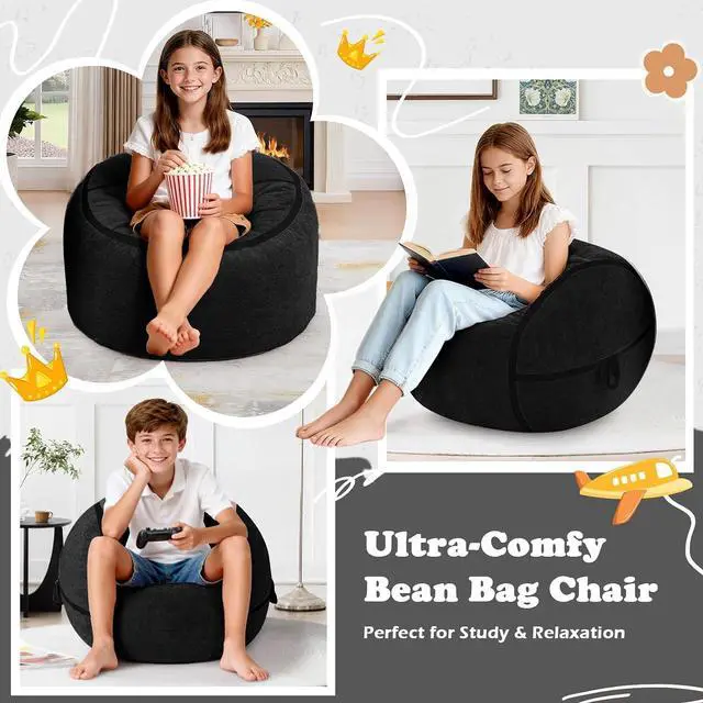 Alt view image 6 of 7 - 2FT Bean Bag Chair, Small BeanBag Chairs with Memory Foam Filled, Ultra-Soft Velvet Bean Bag Chair with Portable Handle, Comfy Bean Bag Sofa for Living Room, No Assembly - Black