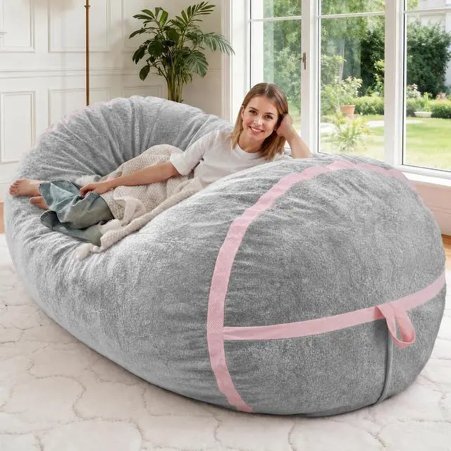 Main image of 5FT BeanBag Chair,Giant BeanBag Chairs with Memory Foam Filled, Ultra-Soft Velvet with Portable Handle & Removable Cover, Comfy BeanBag Sofa for Living Room, No Assembly - Light Grey & Pink